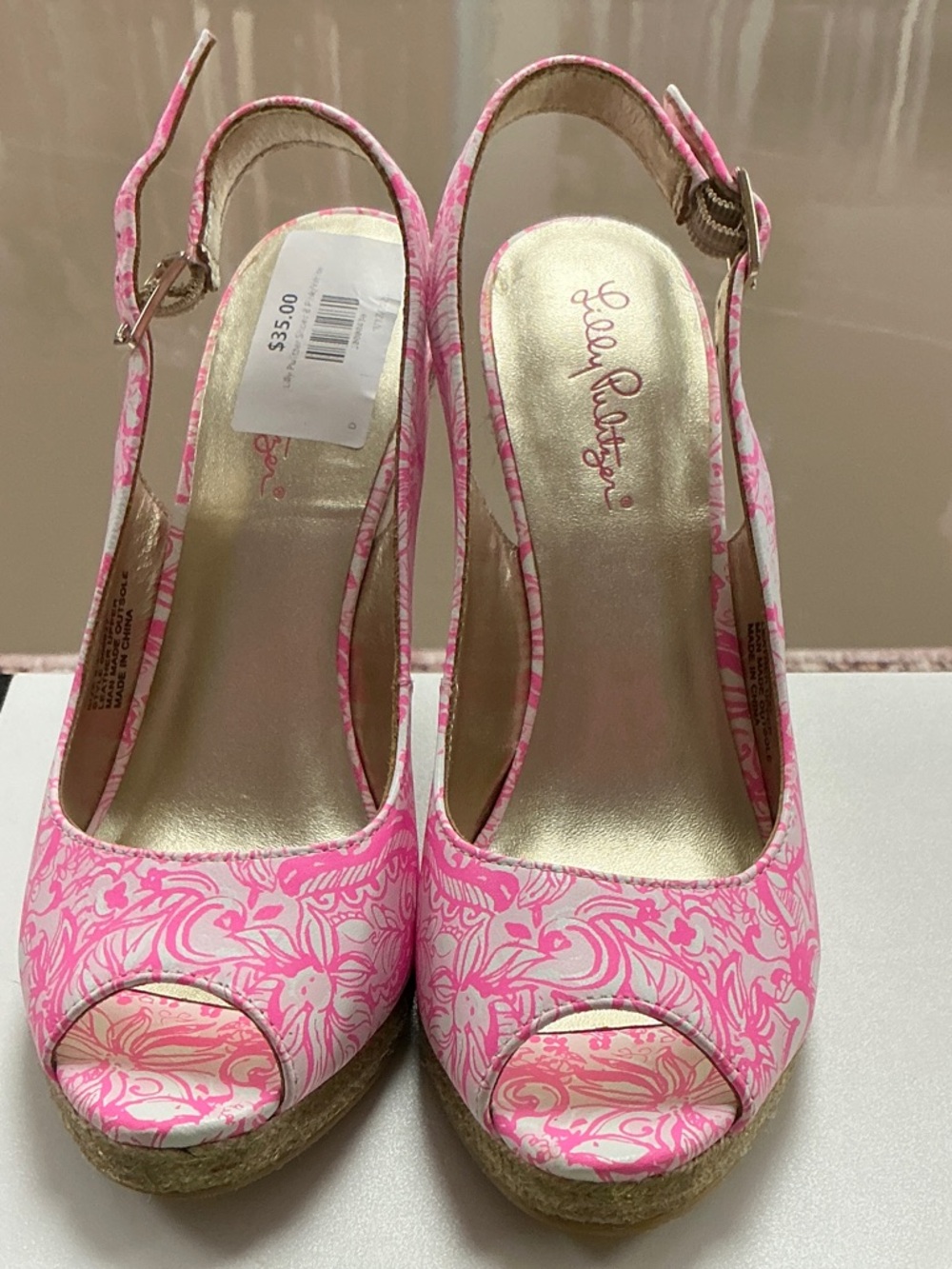 Lilly Pulitzer Pink Floral Peep-Toe Espadrille Wedges
